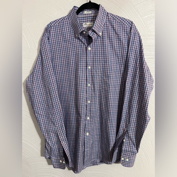 Peter Millar Shirt Men’s Large Blue Pink Plaid Crown Ease Button Down - Picture 1 of 4